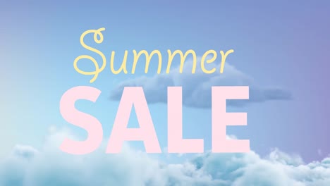 Animation-of-summer-sale-text-on-clouds-on-blue-sky-in-background
