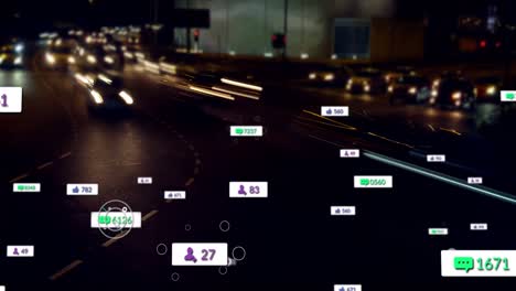 Animation-Von-Cursorn-über-Social-Media-Symbolen-Und-Zahlen-Auf-Bannern-Und-Straßenverkehr-In-Zeitraffer