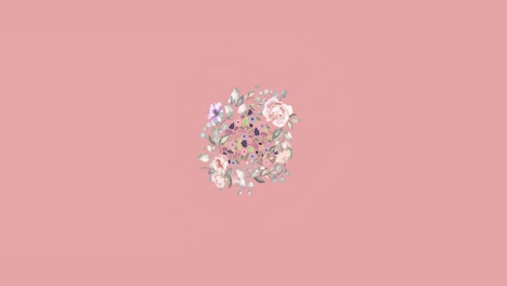 Animation-of-pale-floral-garland-and-heart-shape-of-flowers-rotating-in-centre-of-pink-background