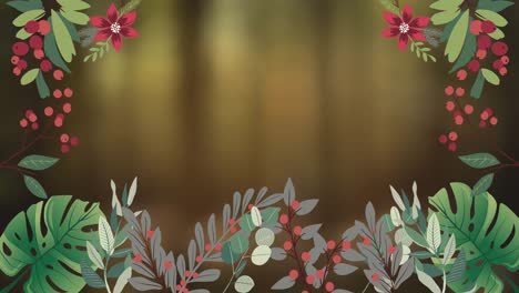Animation-of-foliage,-berries-and-flowers-framing-copy-space-on-blurred-forest-background