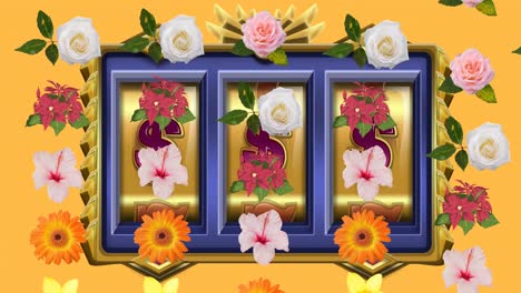 Animation-of-rows-of-matching-flower-heads-moving-over-fruit-machine-background