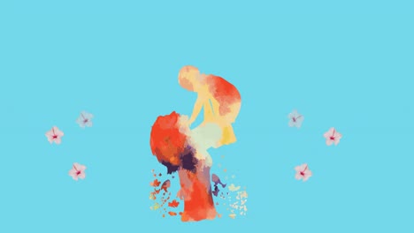 Animation-Der-Malerischen-Figur-Einer-Mutter,-Die-Ihr-Baby-Hochhebt,-Mit-Rosafarbenen-Blumen,-Die-über-Blauem-Hintergrund-Schweben
