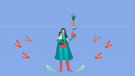Animation-of-superhero-mother-holding-daughter-and-balancing-items,-with-pink-flowers-on-blue
