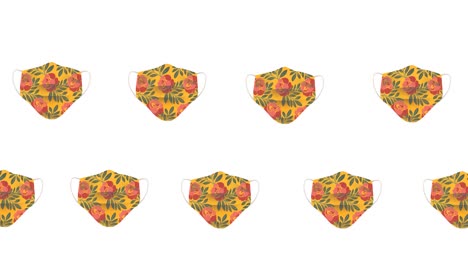 Composition-of-rows-of-face-mask-with-floral-pattern-moving-on-white-background