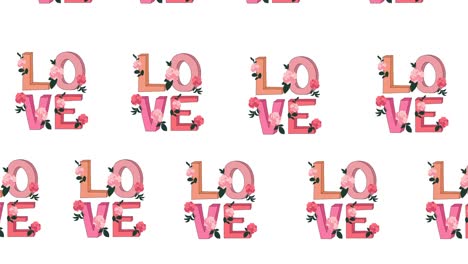 Composition-of-rows-of-love-text-with-pink-flowers-moving-on-white-background