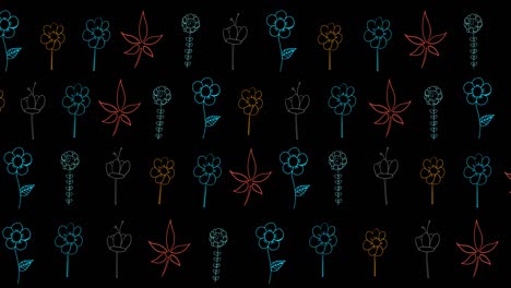 Animation-of-multi-coloured-flowers-on-black-background