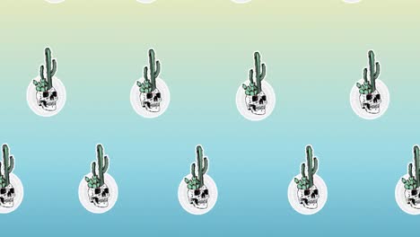 Composition-of-rows-of-cacti-with-skulls-moving-on-blue-background