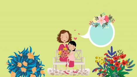 Animation-of-happy-mother-and-daughter-in-garden-with-copy-space-speech-bubble-on-green-background