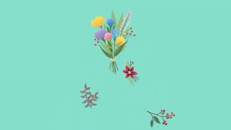 Animation-of-falling-foliage,-berries-and-flowers-with-colourful-bouquet-in-centre-on-blue