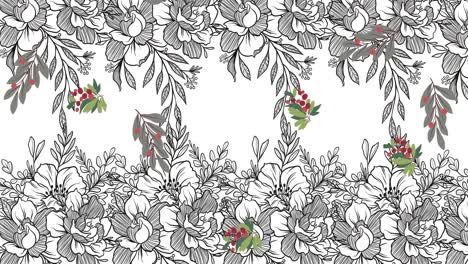 Animation-Von-Blättern-Und-Beeren,-Die-über-Schwarz-weißes-Blattwerk-Und-Blumendesign-Hintergrund-Fallen