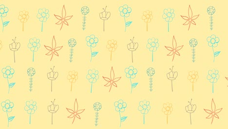 Animation-of-multi-coloured-flowers-on-yellow-background