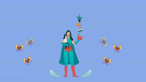 Animation-of-superhero-mother-holding-daughter-and-balancing-items,-with-butterflies-on-blue