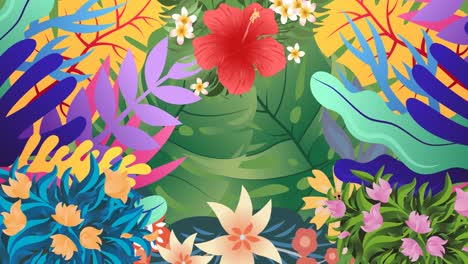Animation-of-colourful-tropical-leaves-and-foliage-on-green-background