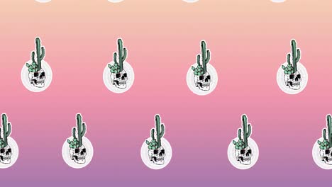 Composition-of-rows-of-cacti-with-skulls-moving-on-pink-background