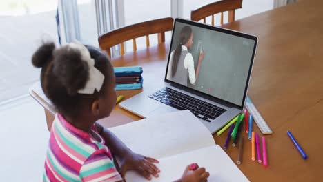 Afroamerikanisches-Mädchen-Macht-Hausaufgaben,-Während-Sie-Zu-Hause-Einen-Videoanruf-Auf-Dem-Laptop-Führt