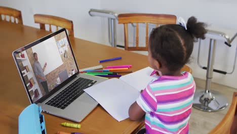 Afroamerikanisches-Mädchen-Macht-Hausaufgaben,-Während-Sie-Zu-Hause-Einen-Videoanruf-Mit-Einem-Männlichen-Lehrer-Auf-Dem-Laptop-Führt