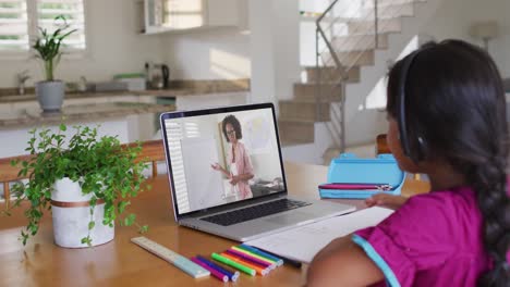 African-american-girl-doing-homework-while-having-a-video-call-with-female-teacher-on-laptop-at-home