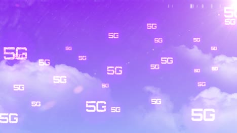 Digital-animation-of-multiple-5g-text-floating-against-clouds-in-purple-sky