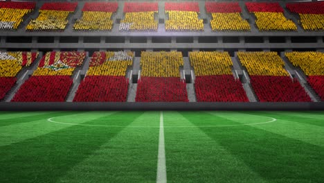 Animation-of-spanish-flag-on-empty-football-pitch-in-sports-stadium