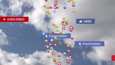 Animation-of-falling-social-media-icons-and-emojis-over-cloudy-sky