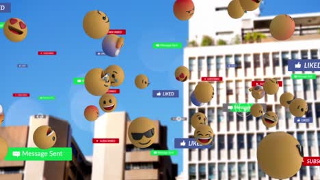 Animación-De-Texto-De-Redes-Sociales-En-Pancartas-Con-Emojis-Sobre-El-Paisaje-Urbano