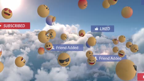 Animation-Von-Social-Media-Texten-Auf-Bannern-Mit-Emojis-über-Himmelshintergrund