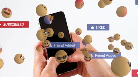 Animation-Fallender-Social-Media-Symbole-Und-Emojis-über-Einer-Person,-Die-Ein-Smartphone-Nutzt