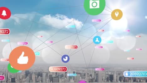 Animation-of-social-media-text-on-banners-with-digital-icons-over-cityscape