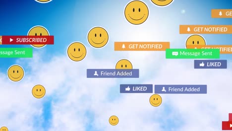Animation-of-social-media-text-on-banners-with-emojis-over-sky-in-background