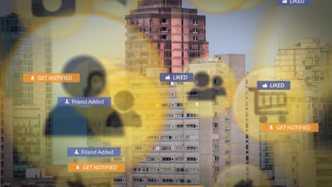 Animation-Von-Social-Media-Texten-Auf-Bannern-Mit-Digitalen-Symbolen-über-Dem-Stadtbild