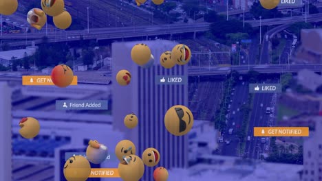 Animation-Fallender-Social-Media-Symbole-Und-Emojis-über-Der-Stadtlandschaft