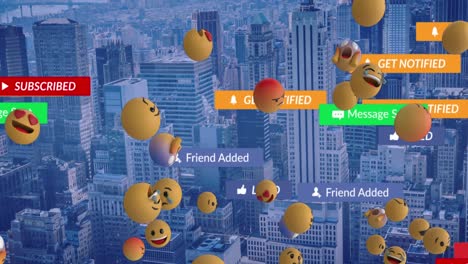 Animation-of-falling-social-media-icons-and-emojis-over-cityscape