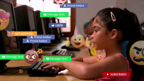 Animation-of-social-media-text-on-banners-with-emojis-over-school-children-using-computers