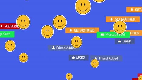 Animation-of-social-media-text-on-banners-with-emojis-over-purple-background