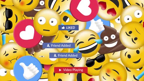 Animation-of-social-media-text-on-banners-with-emojis-in-background