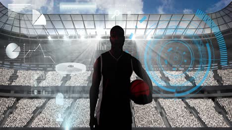 Animation-of-data-processing-and-male-basketball-player-over-sports-stadium