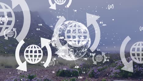 Animation-of-globe-icons-with-arrows-and-globe-spinning-over-landscape