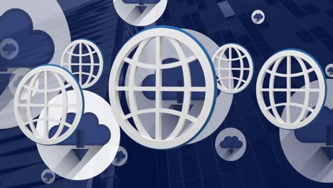 Animation-of-globe-and-cloud-icons-with-arrows-and-globe-spinning-over-modern-buildings