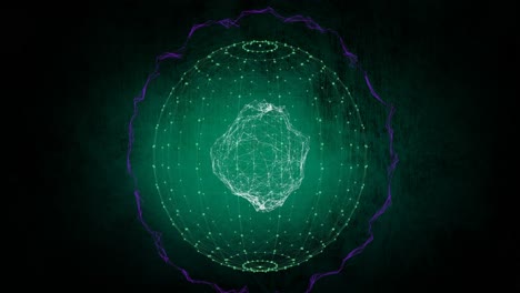 Komposition-Aus-Leuchtend-Grünem-Globus,-Der-Sich-Mit-Violetten-Lichtspuren-Dreht