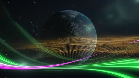Animation-Eines-Sich-Drehenden-Globus-Mit-Lichtspuren-Und-Leuchtend-Gelbem-Netz
