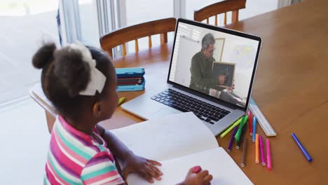 Afroamerikanisches-Mädchen-Macht-Hausaufgaben,-Während-Es-Zu-Hause-Einen-Videoanruf-Mit-Einem-Männlichen-Lehrer-Auf-Einem-Laptop-Führt