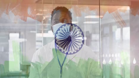 Animation-of-male-doctor-wearing-face-mask-over-indian-flag