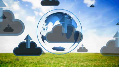 Animation-of-cloud-icons-and-arrows-over-globe-and-landscape