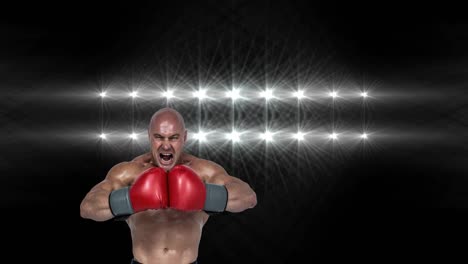 Animation-of-caucasian-boxer-shouting-before-fight-over-spotlights