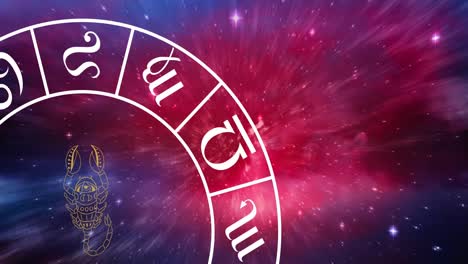 Animation-of-scorpio-star-sign-symbol-in-spinning-horoscope-wheel-over-glowing-stars