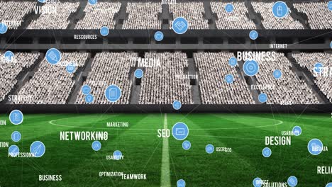 Animation-of-network-of-connections-and-text-over-empty-stands-in-sports-stadium