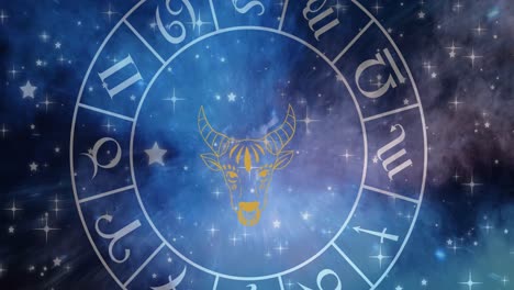 Animation-of-taurus-star-sign-symbol-in-spinning-horoscope-wheel-over-glowing-stars