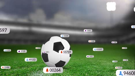 Animation-of-social-media-icons-on-banners-over-football-on-pitch