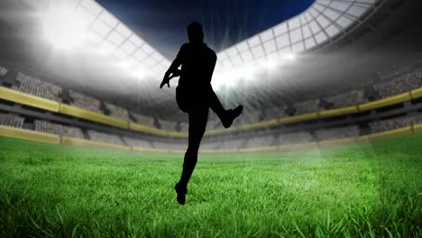 Animation-of-silhouette-of-rugby-player-kicking-ball-over-empty-stands-in-sports-stadium