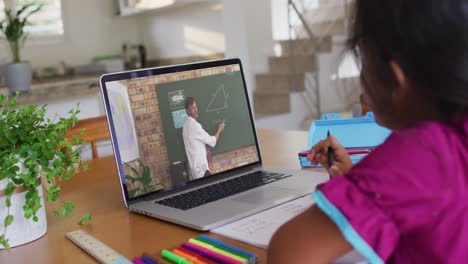 Mädchen-Mit-Gemischter-Abstammung-Sitzt-Am-Schreibtisch-Und-Benutzt-Einen-Laptop,-Um-Online-Schulunterricht-Zu-Nehmen